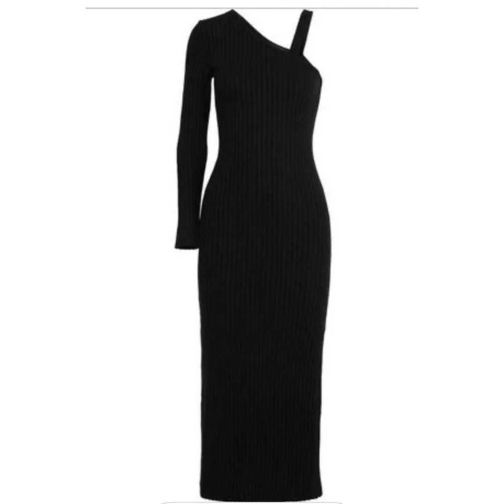 One Shoulder Dress Long Sleeve Ribbed Knit Bodycon‎ Midi Dress - Picture 4 of 9
